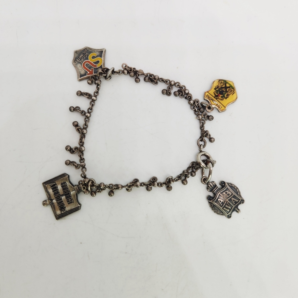 Vintage Estate Sterling Silver Enamel Shield Travel School Charm Bracelet 6.5"